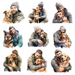 © Moopingz - Watercolor Dog Lover Portraits Set. Set of Man With a Dog Clipart. Dog Lover Concept. Hand Drawn Dog Lover Illustrations.