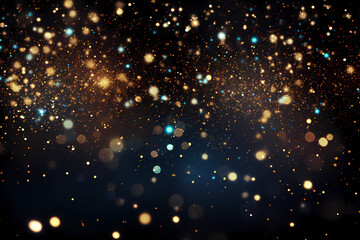 Wall Mural - Golden and blue glitter bokeh particles on dark background, festive luxury texture for banner or wallpaper design