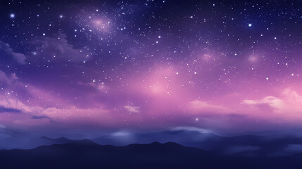 Wall Mural - Starry night sky with purple cloudscape and silhouetted mountains, cosmic background for wallpaper or banner