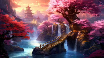 Wall Mural - Majestic oriental pagodas amidst cascading waterfalls surrounded by vibrant cherry blossoms. Traditional Asian architecture.