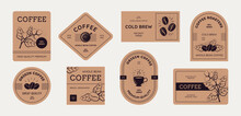 Coffee Bean Package. Label, Stamp Or Sticker, Logo For Organic Cafe With Cup And Tree, Vintage Sign. Packaging With Branches, Roasted Seeds And Cups. Hot Beverage Vector Design Illustration