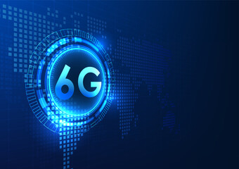 Poster - telecommunications technology, 6g signal is in a technology circle, the background is a world map. i
