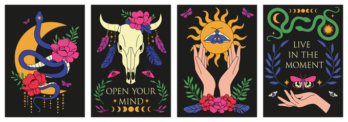Wall Mural - mystical posters. snake with rose flowers, female hands hold sun, cosmic energy, vintage magic hippy