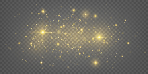 Poster - Star dust. Light gold glitter, magic shine effect, golden confetti or glow spark, flare texture isolated on transparent background. Minimal festive starlight. Vector illustration