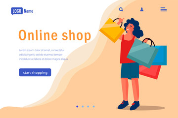 Aufkleber - Shopping landing page. Online shop. Shopaholic woman making purchases. Customer with store bags. Website template. Internet retail. Boutique sale. Ecommerce service. Vector background