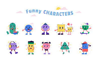 Poster - Mascot expressions. Cute children design. Kids emotions. Retro geometric characters. Smiling face. Boy on skateboard. Girl listens to music. Emoticons set. Vector cartoon illustration