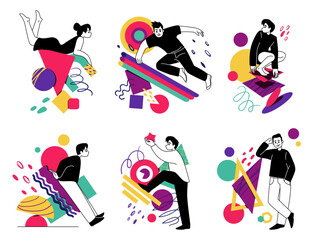 Poster - Abstract characters. People with geometric figures. Man lying on square. Woman sitting on circle. Minimal collage. Outline person community with doodle color shapes. Vector elements set