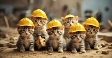 Whimsical Image Featuring A Cluster Of Tiny Kittens Donning Construction Hats, Creating An Adorable Construction Crew Scene