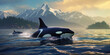 Orcas swimming in the sea with mountainous backdrop