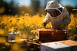 beekeeper with honey box and beehive in sunny field