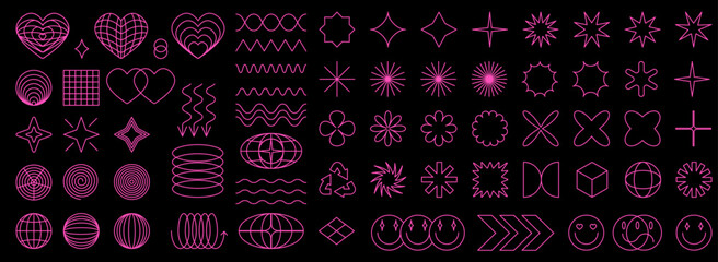Aufkleber - Geometry wireframe shapes and grids, 3D hearts, cyberpunk abstract elements set in trendy psychedelic rave 00s style. Collection of graphic vector neon pink  Y2k retro futuristic aesthetic.