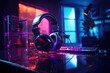 recording studio with a microphone headphones and led lighting