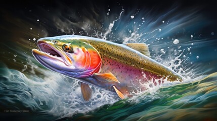 Mountainous landscape with vibrant trout making a splash. Nature meets art.