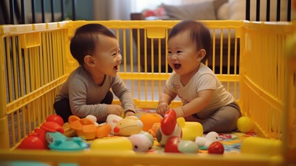 Young Asian children play with toys in the room joyfully, smiles and laughter filling the air, the happiness and fun of childhood.