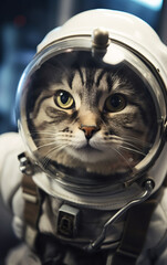Wall Mural - Cat astronaut in a spacesuit in a spaceship plows the expanses of the universe