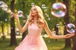 © Postproduction - Dreamy outdoor portrait of young lady interacting with shimmering soap bubbles in nature