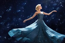 Graceful Blonde Woman In Shimmering Dress Dances Amidst A Starry Night Sky Backdrop.