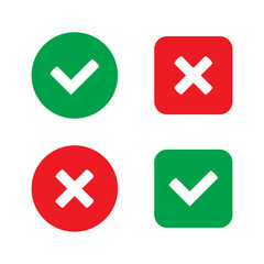 Wall Mural - Green tick and red cross checkmarks flat icons. Yes or no symbol, approved or rejected icon for user interface.