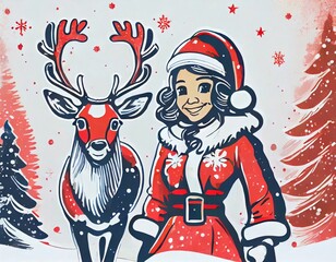 Wall Mural - cartoon portrait of the girl with a santa claus costume with deer