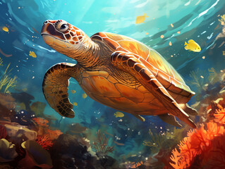 Wall Mural - Illustration of a turtle swimming in the coral reef. Sunlight from above warm colors. Surrounded by other sea life.
