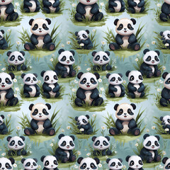 Wall Mural - seamless pattern with cute pandas on green background