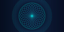 Abstract Fractal Burst Background With Blue Green Light Lines Weaving Pattern In Circle Shape Isolated On Black Background. Modern Technology Design Concept, Science, Music. Vector Illustration.
