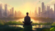  Illustration of a man practicing meditation, yoga, relaxation in the city downtown, with tranquility, peaceful mind, well-being and serenity - Generated by Generative AI