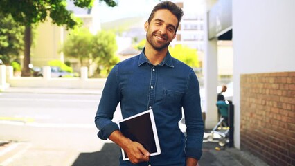 Wall Mural - Face, city and man with a tablet, smile and travelling with internet, confidence and digital app. Portrait, Canada and person with technology, happiness and outdoor with joy, network and sunshine