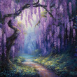 Wisteria tree in the evening mystical enchanted forest. Digital oil painting, printable square wall art