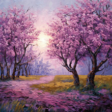 Beautiful Spring Landscape With Blooming Purple Trees In The Garden. Square Oil Painting, Impasto, Printable Wall Art