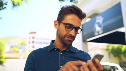 Poster - Man, face and smile with selfie outdoor for profile picture, social media or internet post in city. Person, happy and smartphone in urban town with glasses, casual outfit and technology for memory