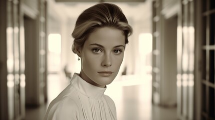 Poster -  a black and white photo of a woman in a white blouse looking at the camera with a serious look on her face as she stands in the hallway of a building.