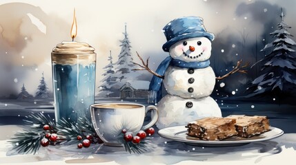 Sticker -  a painting of a snowman next to a cup of coffee and a piece of cake on a plate with a candle in the middle and a snowy scene in the background.