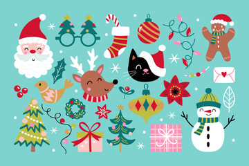 Wall Mural - Christmas holiday cute elements set. Childish print for cards, stickers, apparel and decoration