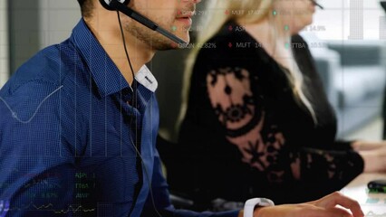 Poster - Animation of financial data processing over diverse business people in office