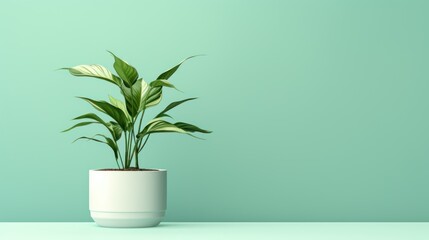 Wall Mural -  a potted plant sitting on top of a table next to a light green wall and a white vase with a green plant in it on a light blue background.
