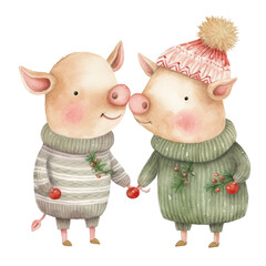 Wall Mural - cute watercolor Chirstmas pigdlet 