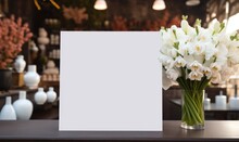 White Label Mockup For Empty Menu Frame In Store Or Beauty Salon With Plant Flower. Stand Booklet Paper Tent Card Sheets On The Reception Desk Displays Your Product Background, Inserts Customer Text.