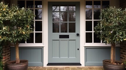 Wall Mural -  a blue front door with two potted trees on either side of it and a brick walkway leading to the front door of a house with two potted trees on either side.