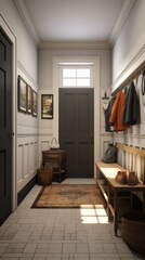 Sticker -  a hallway with a bench, coat rack, and a rug on the floor in front of a door and a bench with a pair of shoes on the floor.