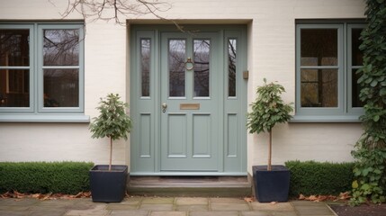 Wall Mural -  two potted trees in front of a house with a blue front door and two large windows on either side of the house and a brick walkway leading to the front door.