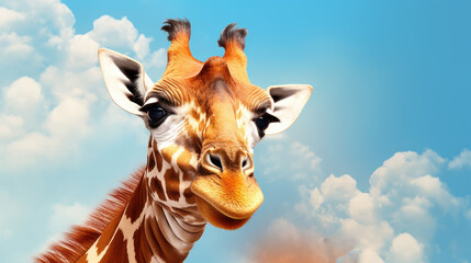 Canvas Print -  a close up of a giraffe with a cell phone in the foreground and a blue sky with white clouds and blue sky with white clouds in the background.