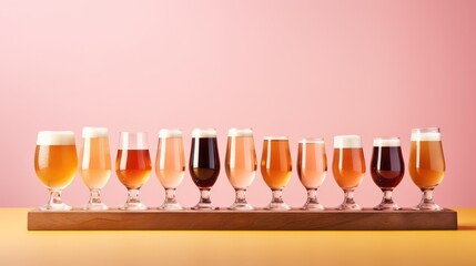  a row of glasses filled with different types of beer on a wooden tray on a pink background with a pink wall behind the glasses is a row of beer glasses.