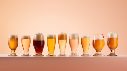 Wall Mural -  a row of glasses filled with different types of beer sitting next to each other on top of a wooden table in front of an orange background of a pink wall.