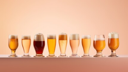 Poster -  a row of glasses filled with different types of beer sitting next to each other on top of a wooden table in front of an orange background of a pink wall.