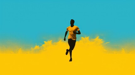 Sticker -  a silhouette of a person running on a yellow and blue background with a blue sky in the background and a yellow and blue sky in the middle of the background.