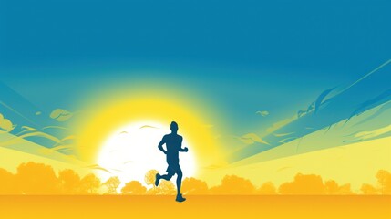 Poster -  a silhouette of a man running across a field with the sun setting in the sky behind him and behind him is a field with trees and a yellow and blue sky.