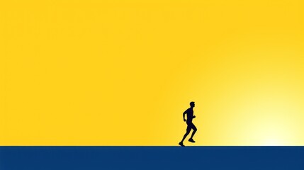 Canvas Print -  a silhouette of a man running across a body of water with a yellow sky in the background and a blue and yellow sky in the bottom half of the image.