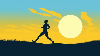 Poster -  a silhouette of a person running on a hill with the sun setting in the background and clouds in the sky over the top of the hill is a grassy area.