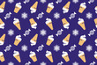 Ice cream with snow flake and candy seamless vector background. Ice cream in waffle cup and cones with snowflake and candy pattern